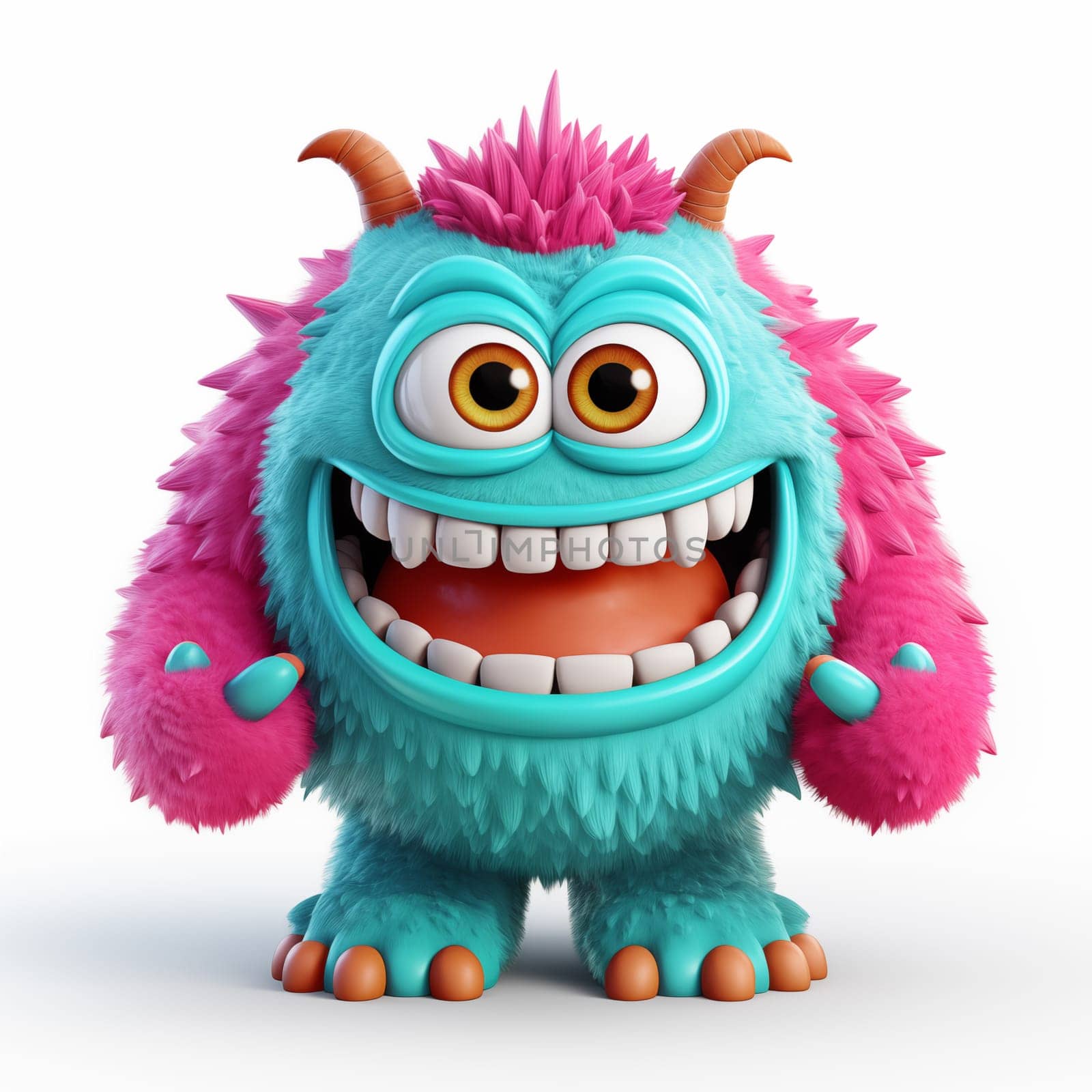 Happy monster blue-pink-color , stand isolated on a white background.