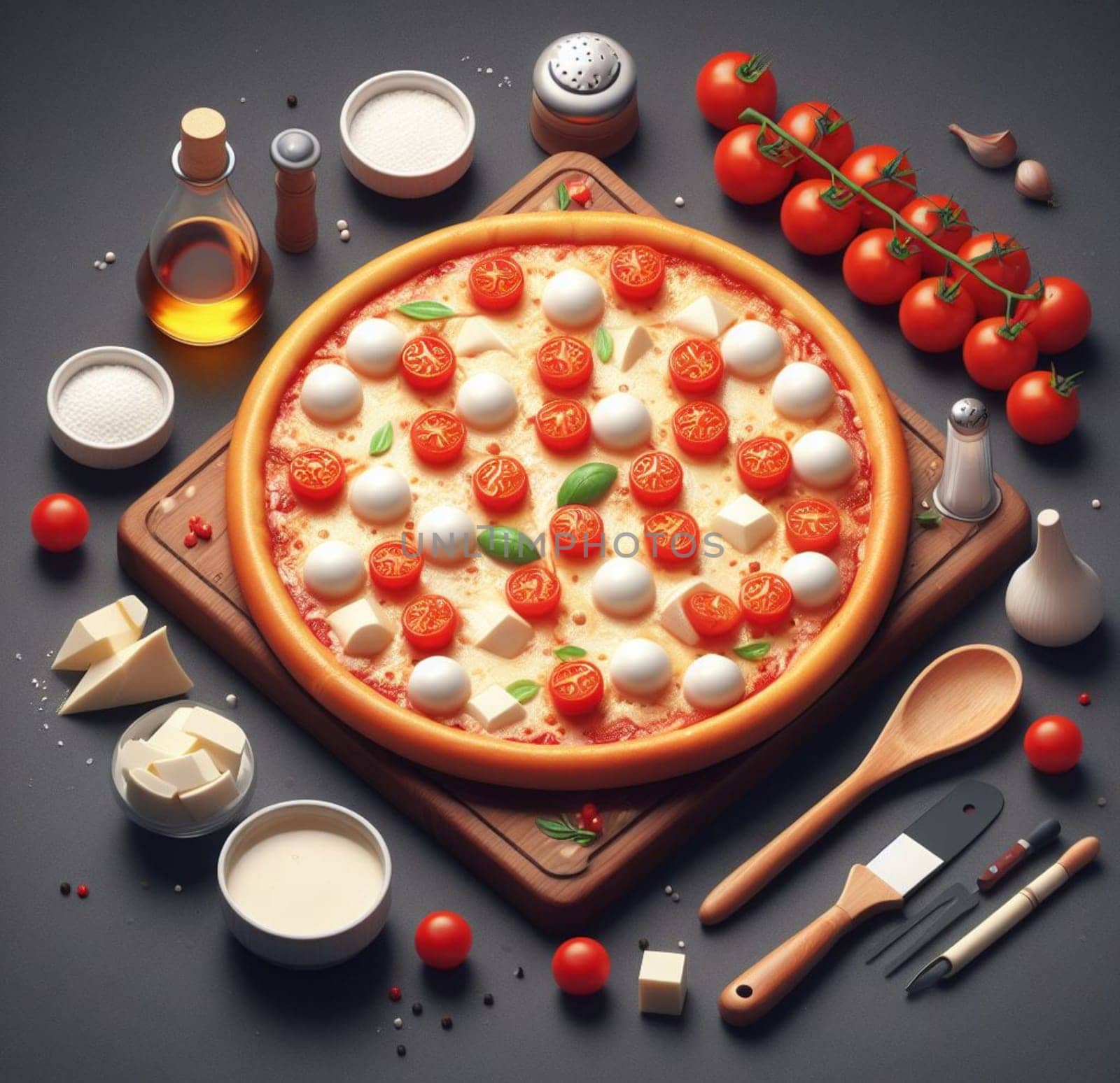 lay flat melted mozzarella cheese tomato and basil pizza ready to eat illustration by verbano