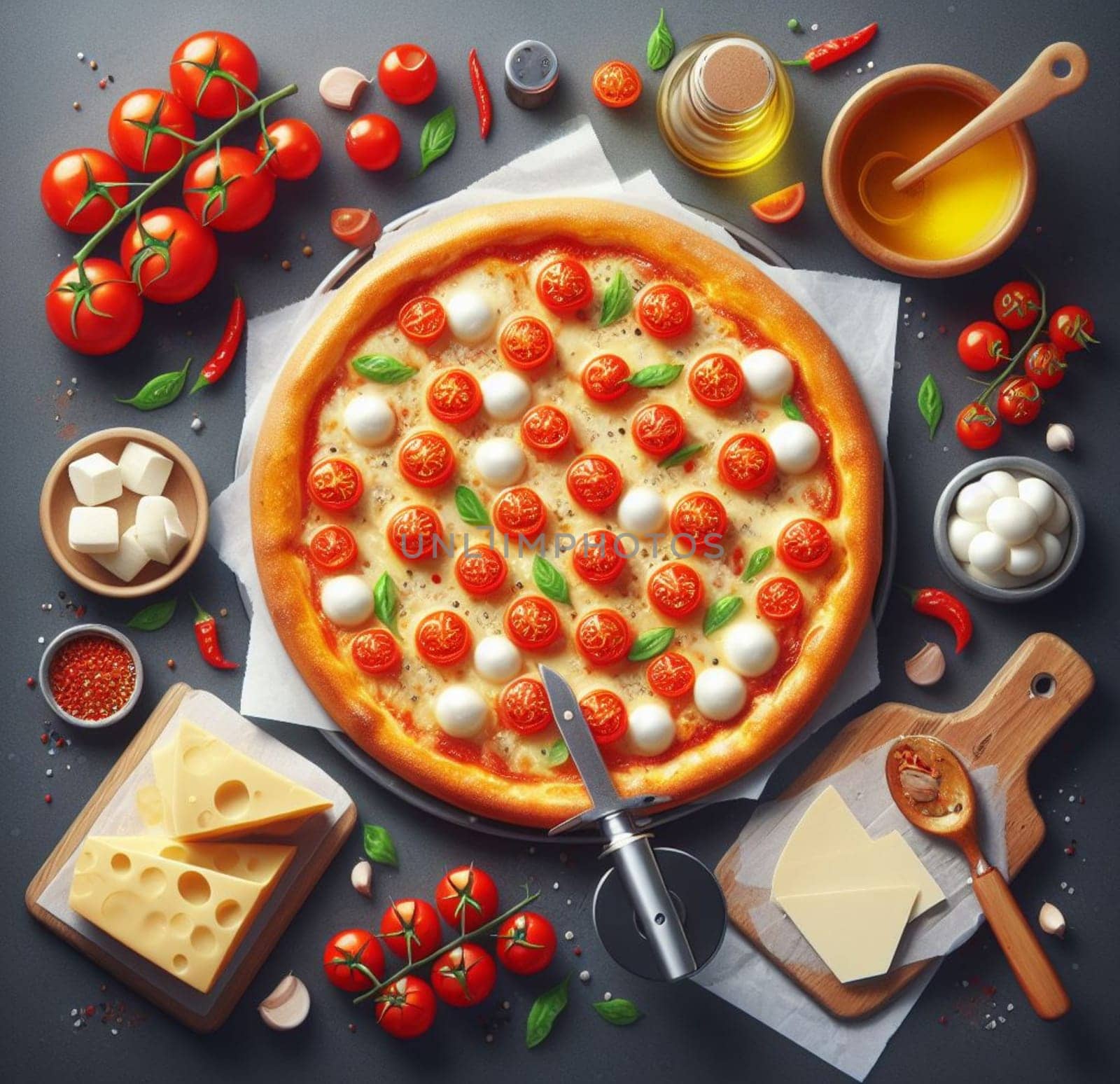 lay flat melted mozzarella cheese tomato and basil pizza ready to eat illustration by verbano