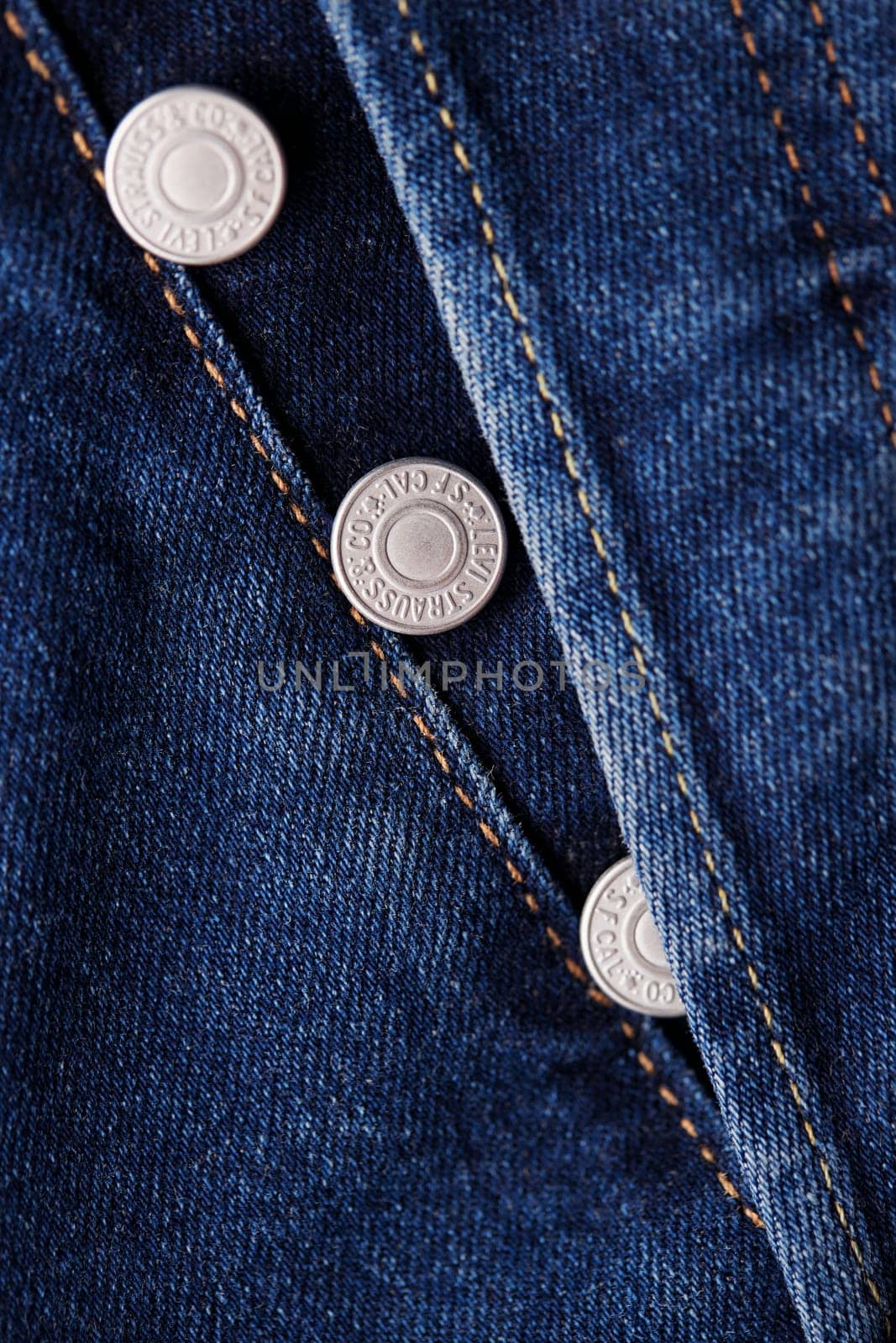Close up of the details of new LEVI'S 501 Jeans. Seams and button fly close-up. Classic jeans model. LEVI'S is a brand name of Levi Strauss and Co, founded in 1853. 31.12.2021, Rostov, Russia.