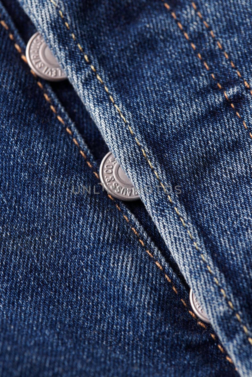 Close up of the details of new LEVI'S 501 Jeans. Seams and button fly close-up. Classic jeans model. LEVI'S is a brand name of Levi Strauss and Co, founded in 1853. 31.12.2021, Rostov, Russia.