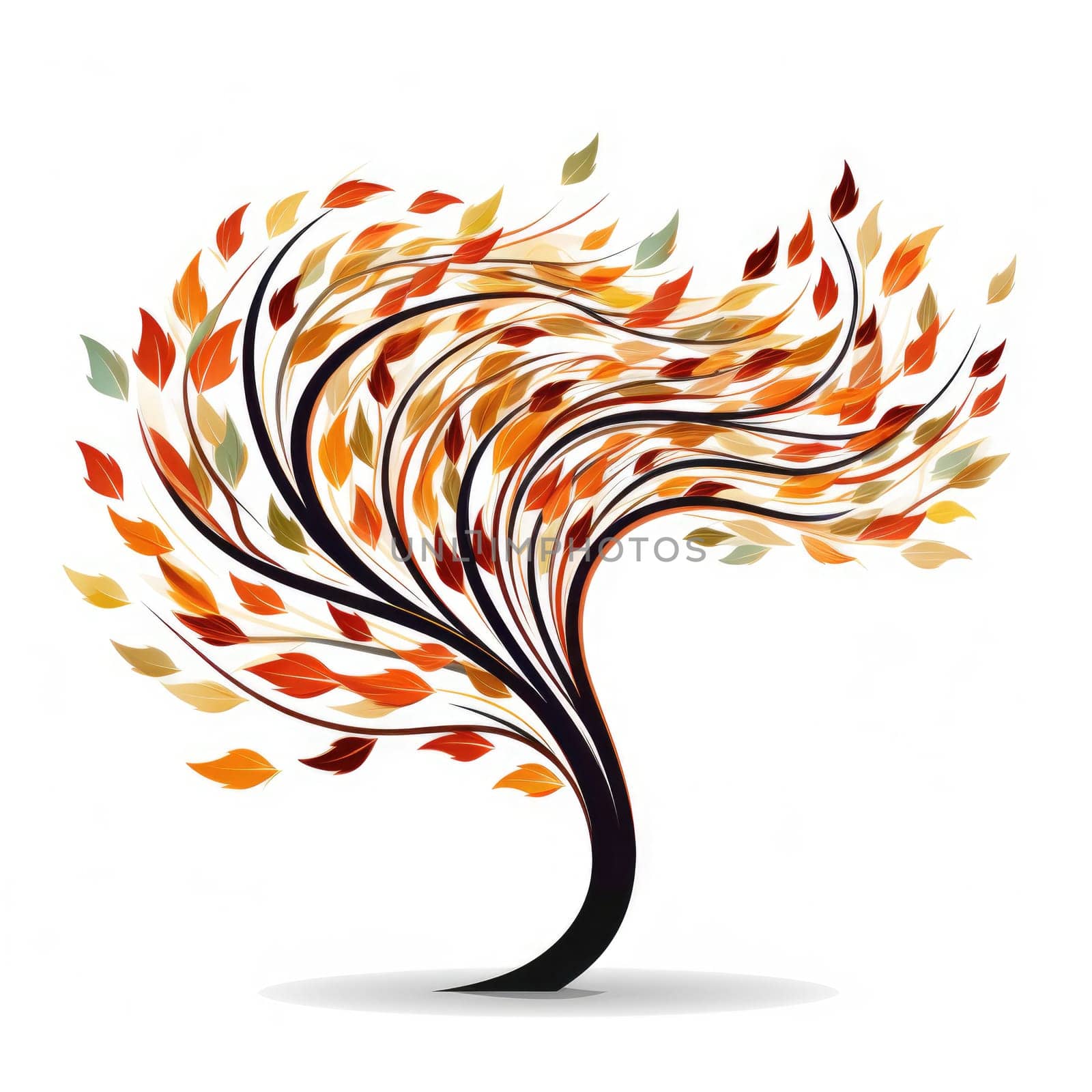 Autumn tree in the wind in minimalistic decorative art style isolated on white background. Ecology logo style
