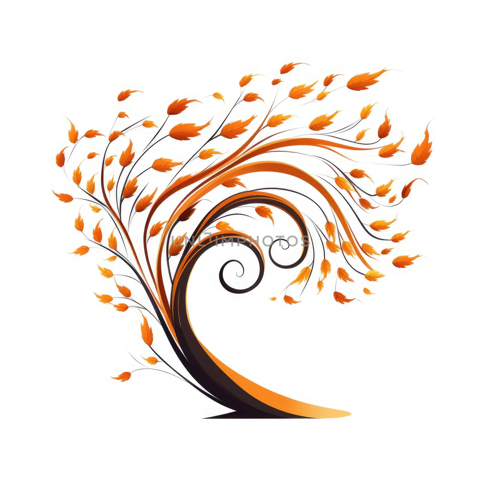 Autumn tree in the wind in minimalistic decorative art style isolated on white background. Ecology logo style