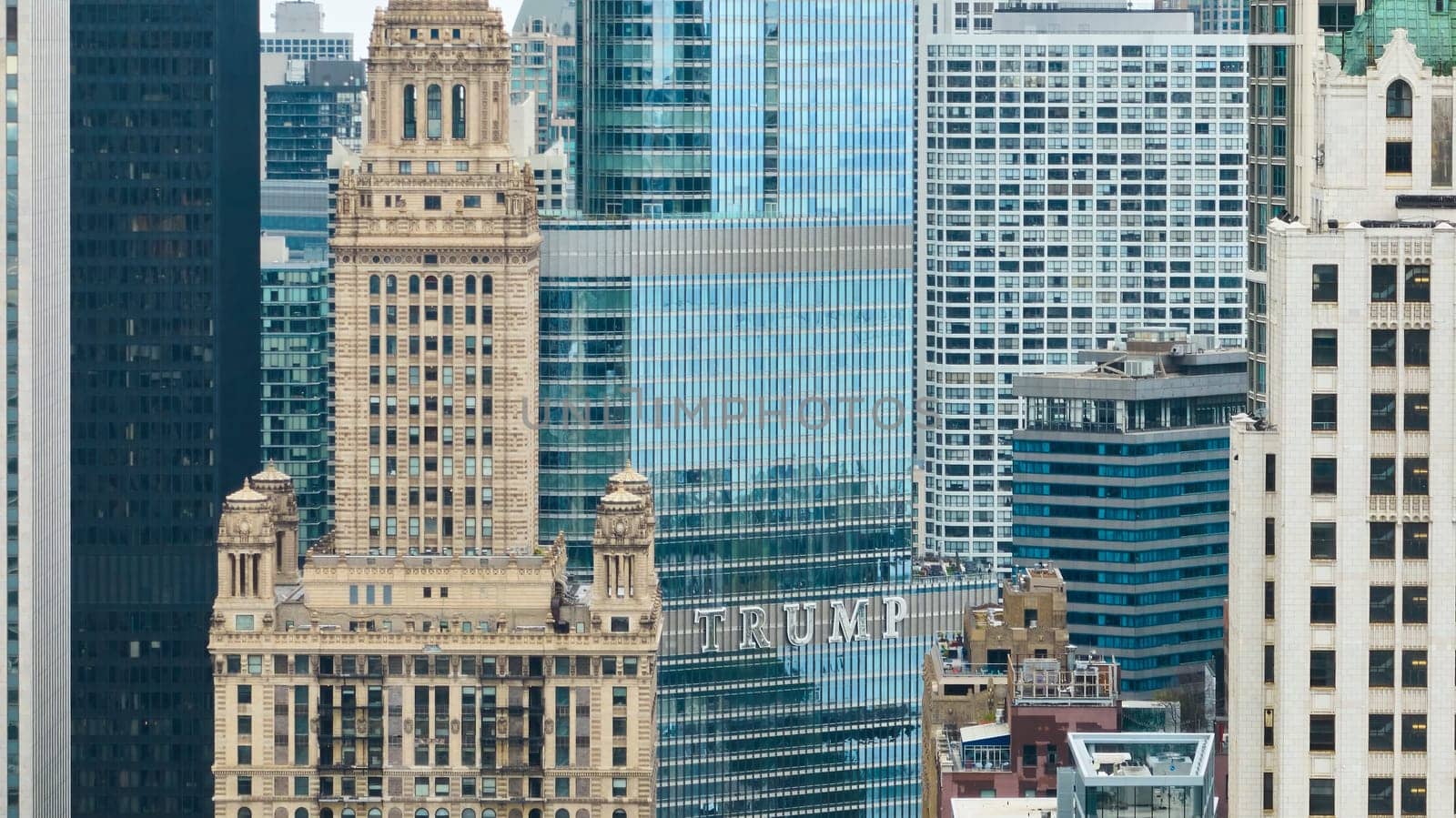 Image of Trump on Trump Tower aerial of Chicago downtown buildings and skyscrapers, tourism in big city