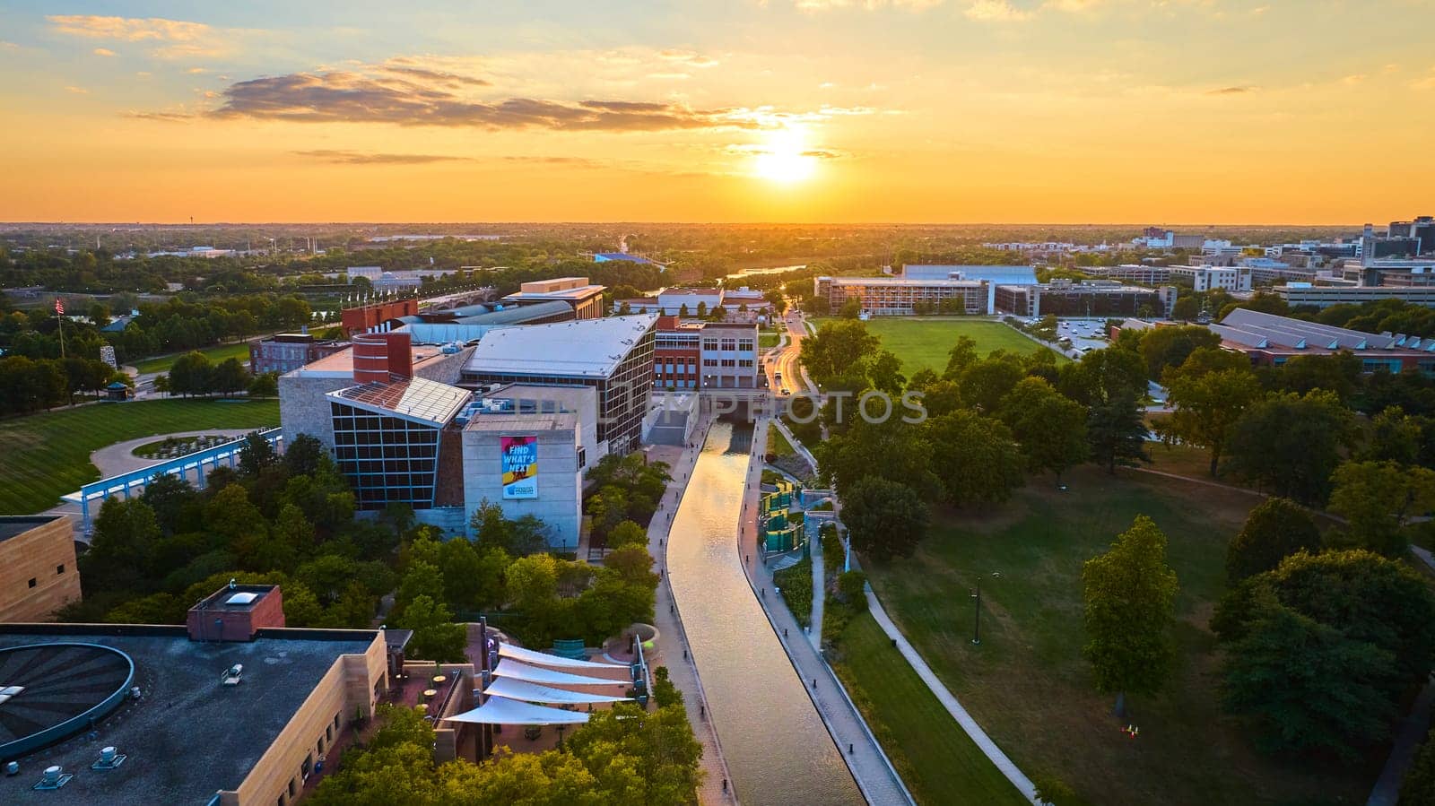 Aerial View of Canal in Urban Park during Golden Hour, Indianapolis 2023