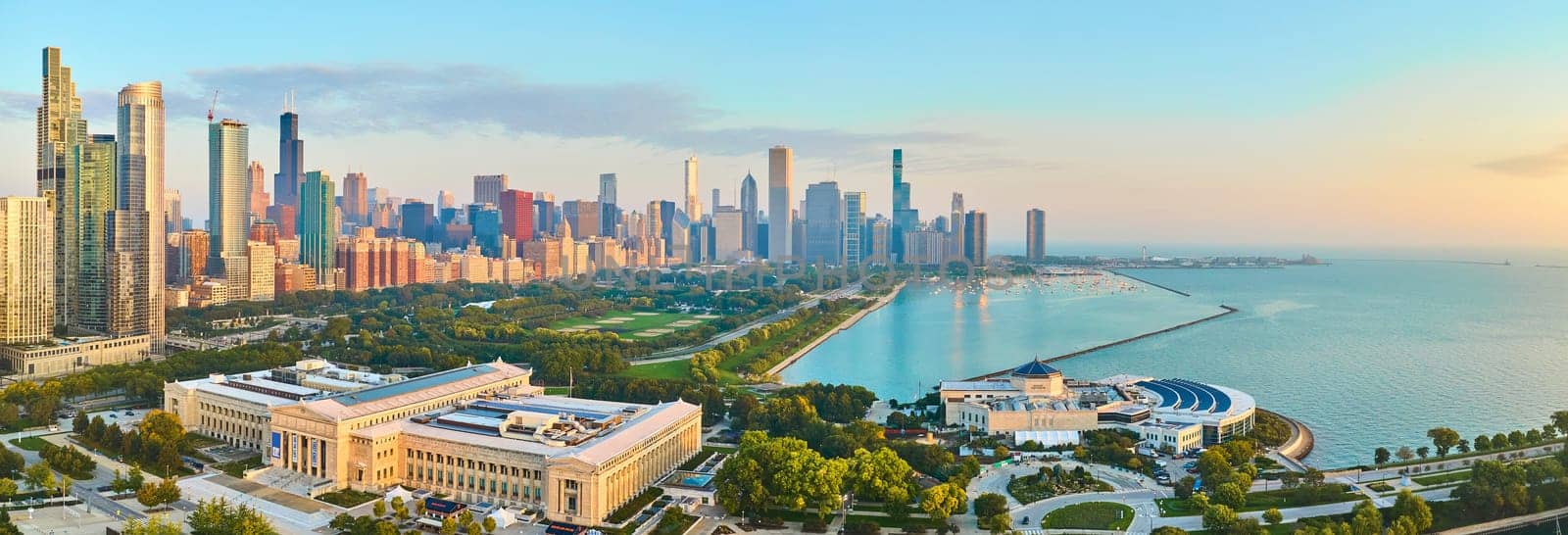 Aerial Chicago Skyline at Golden Hour with Lake Michigan Panorama by njproductions
