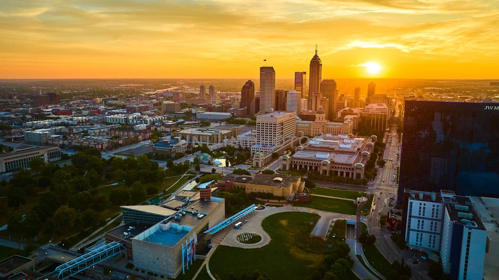 Downtown Indianapolis Skyline at Golden Hour, Aerial Drone Shot with DJI Mavic 3