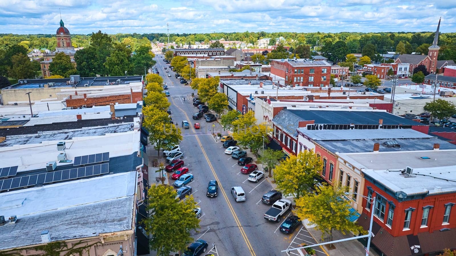 Aerial View of Small Town Downtown with Historic Courthouse by njproductions