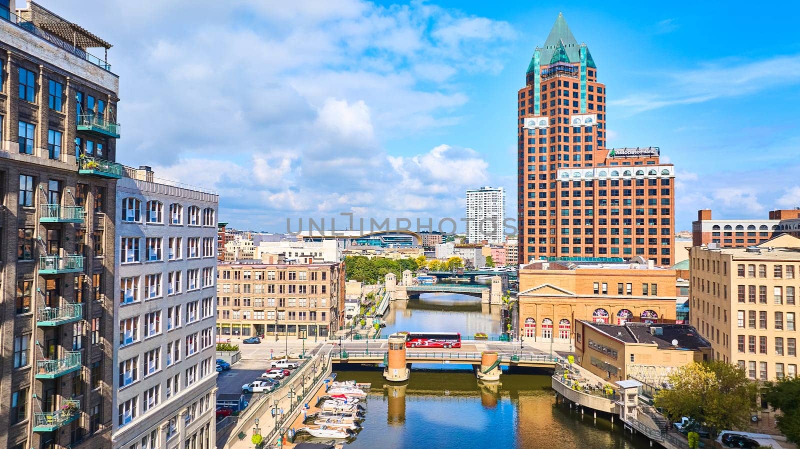 Aerial View of Milwaukee High-Rise, Riverfront and Drawbridge by njproductions