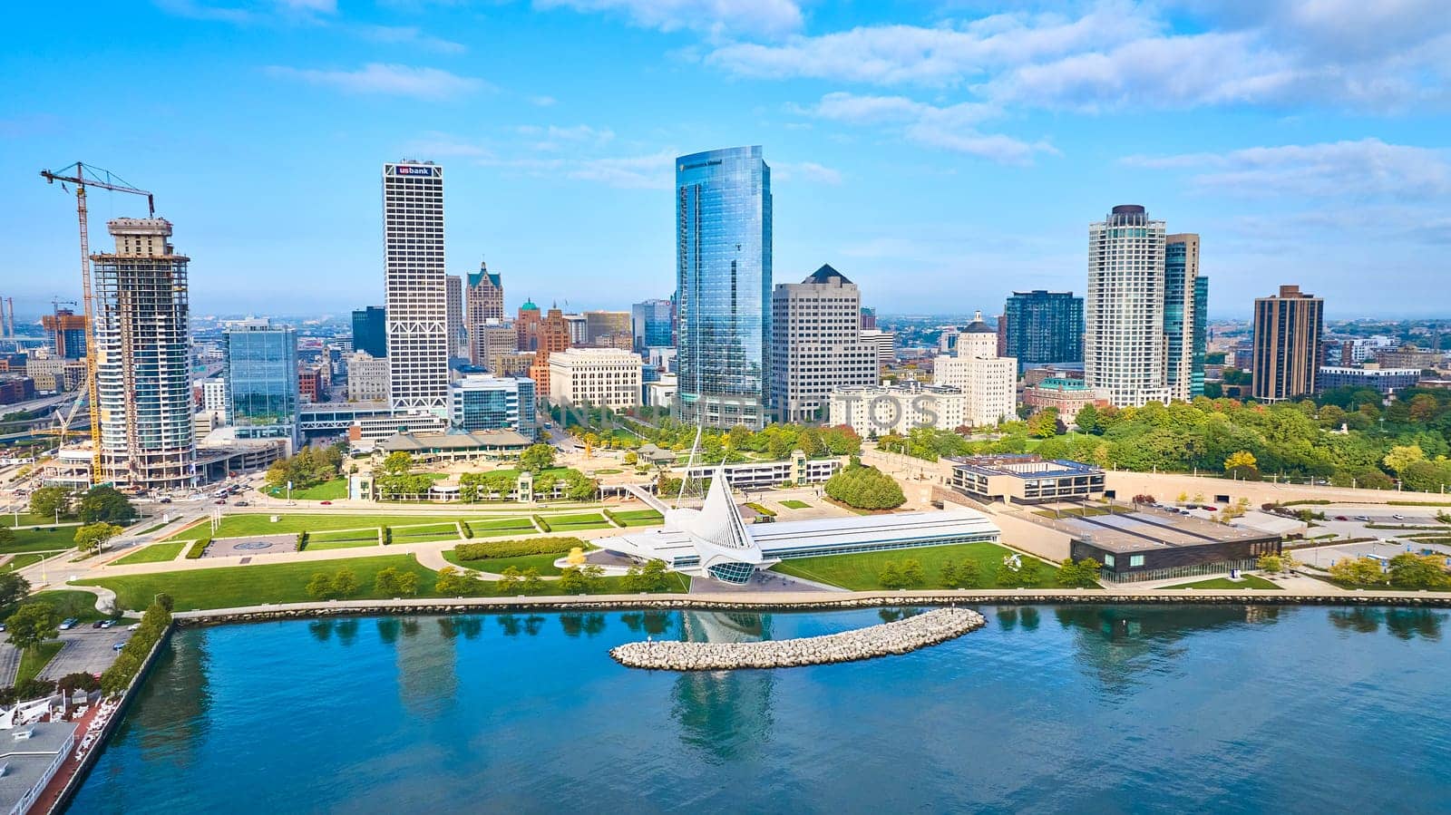 Aerial View of Milwaukee Skyline, Lakefront Park, and Construction by njproductions