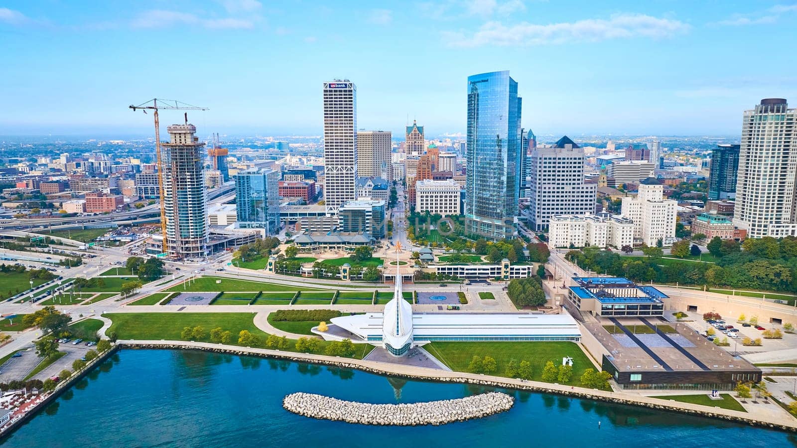 Aerial View of Milwaukee Skyline, Lakefront Park, and Quadracci Pavilion by njproductions
