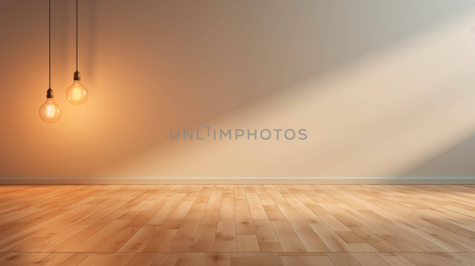 A beige empty wall with a front view, two modern hanging burning lamps and a wooden parquet floor.