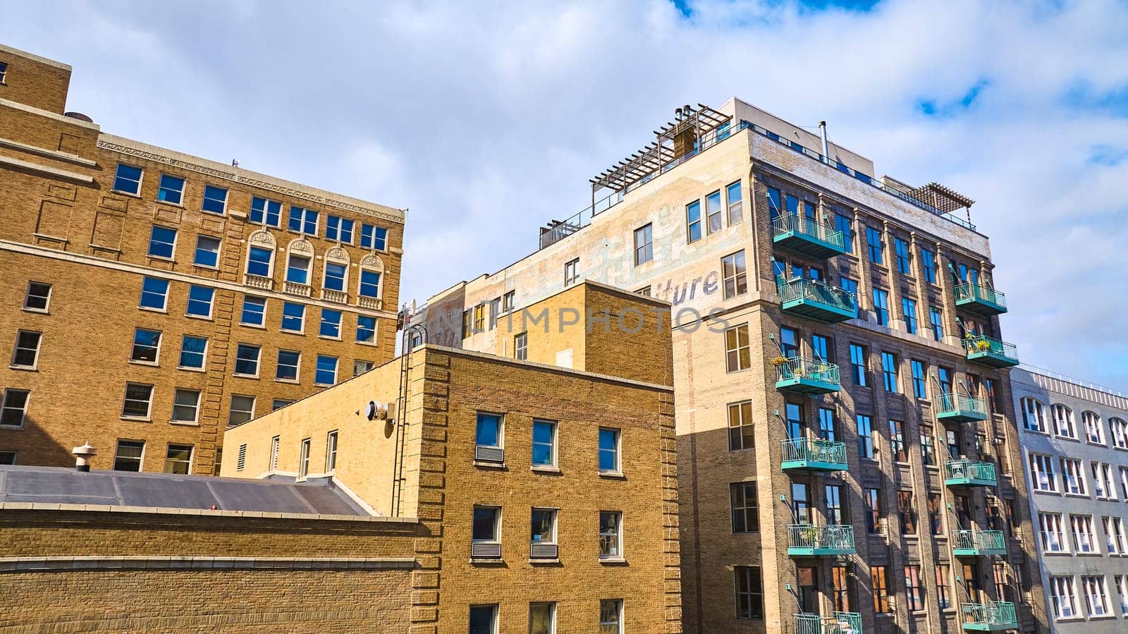 Diverse Architecture in Historic Downtown Milwaukee under Blue Sky, Captured by DJI Mavic 3 Drone in 2023