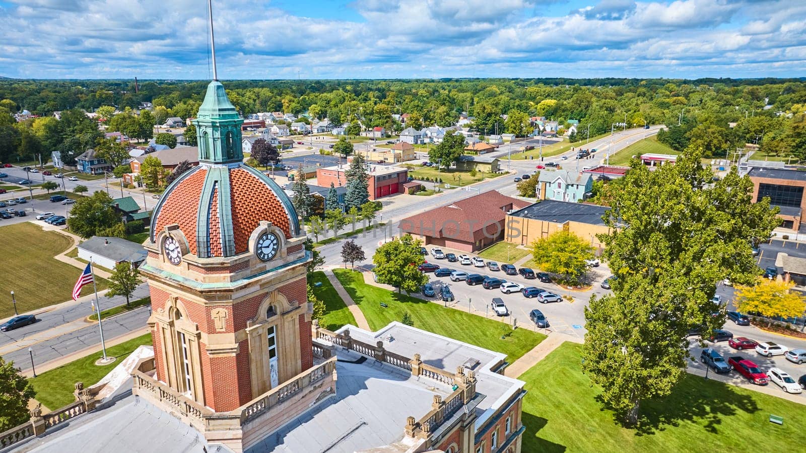Aerial View of Elkhart Courthouse and Suburban Townscape by njproductions