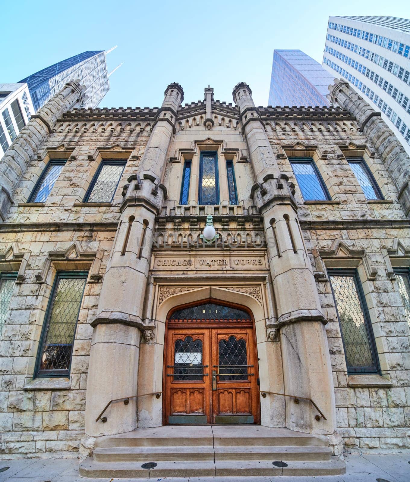 Chicago Water Works Building Against Modern Skyline, Upward View by njproductions