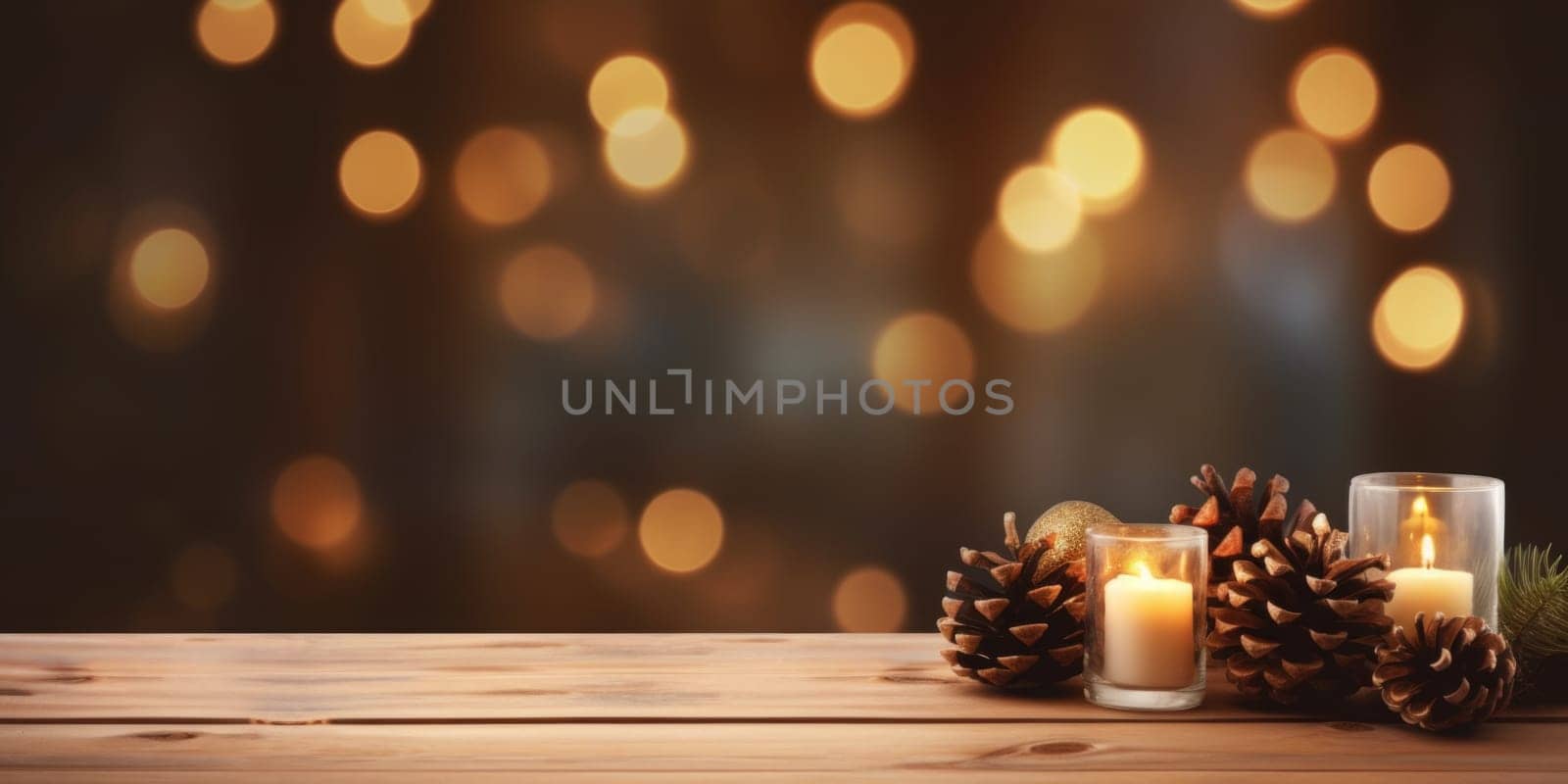 Merry Christmas and Happy New Year background with empty wooden table over Christmas tree and blurred light bokeh. Empty display for product placement. Rustic vintage Xmas 2024 background. comeliness