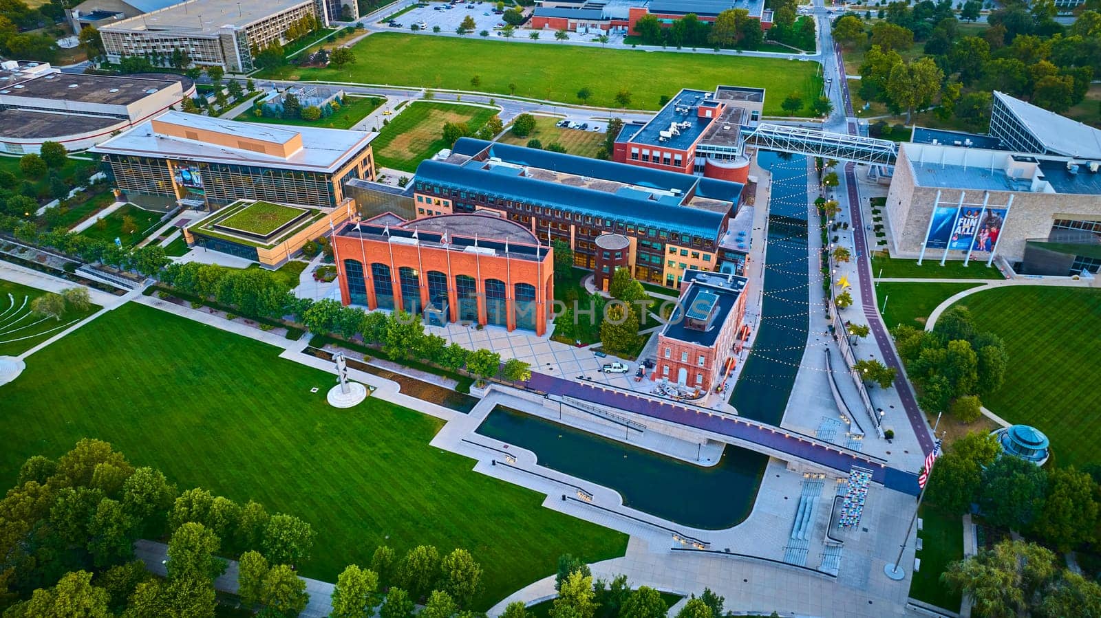 Aerial View of Sustainable Urban Complex in Warm Sunset Light, Indianapolis 2023