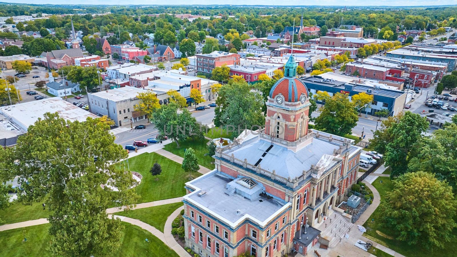 Aerial View of Historical Courthouse and Downtown in Small Town Goshen, Indiana