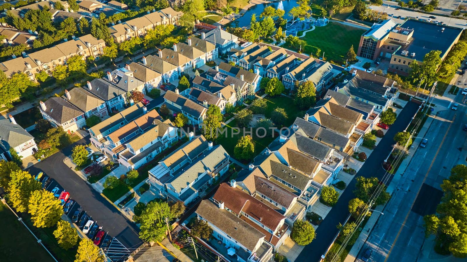 Sunset Over Suburbia - Aerial View of a Tranquil Indianapolis Neighborhood at Golden Hour