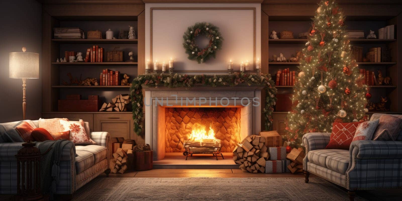 Interior of decorated living room with Christmas tree and sofa comeliness by biancoblue