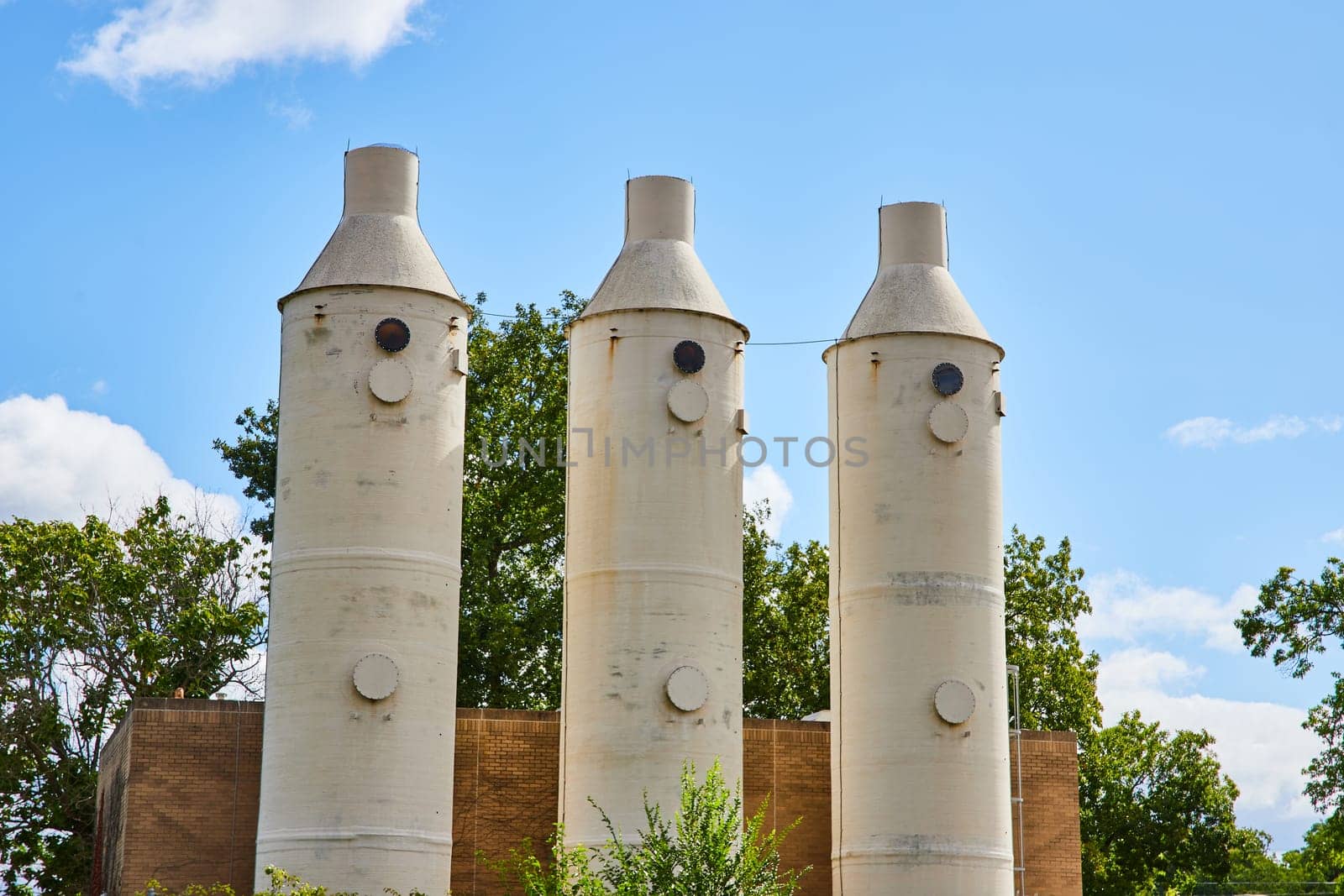 Imposing cream-colored industrial silos tower against a vibrant blue sky, enclosed within an industrial complex in Botanic Gardens, Elkhart, Indiana, depicting the harmony between industry and nature.