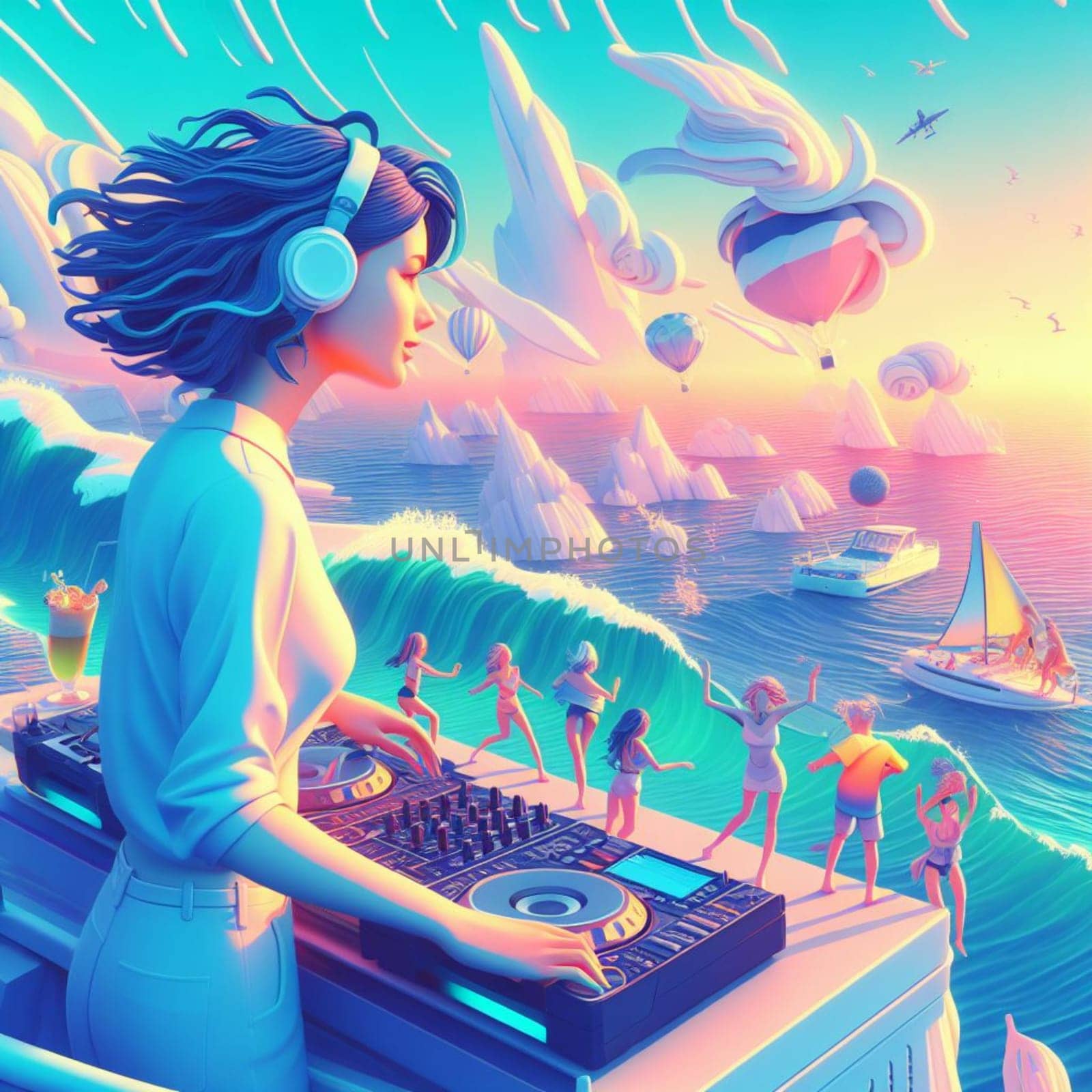 woman dj , wearing glasses earphone hosting dj set at crowded beach party in tropical island sunset ai generative art