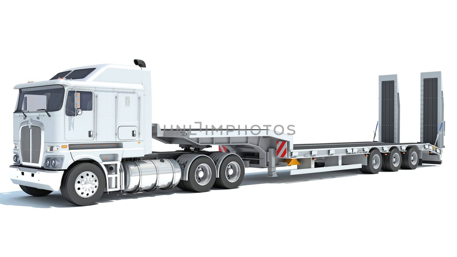 Truck with Lowboy Trailer 3D rendering on white background by 3DHorse