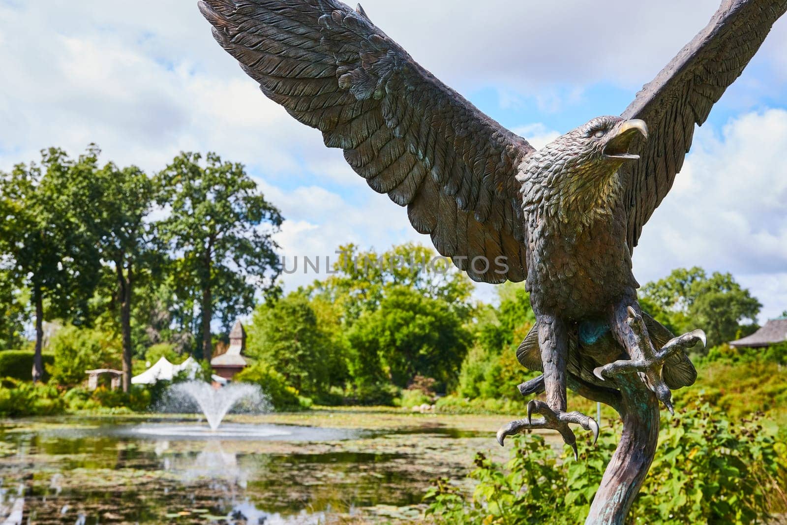 Bronze eagle sculpture takes flight in tranquil Botanic Gardens, Elkhart, Indiana, symbolizing freedom amid serene nature, 2023