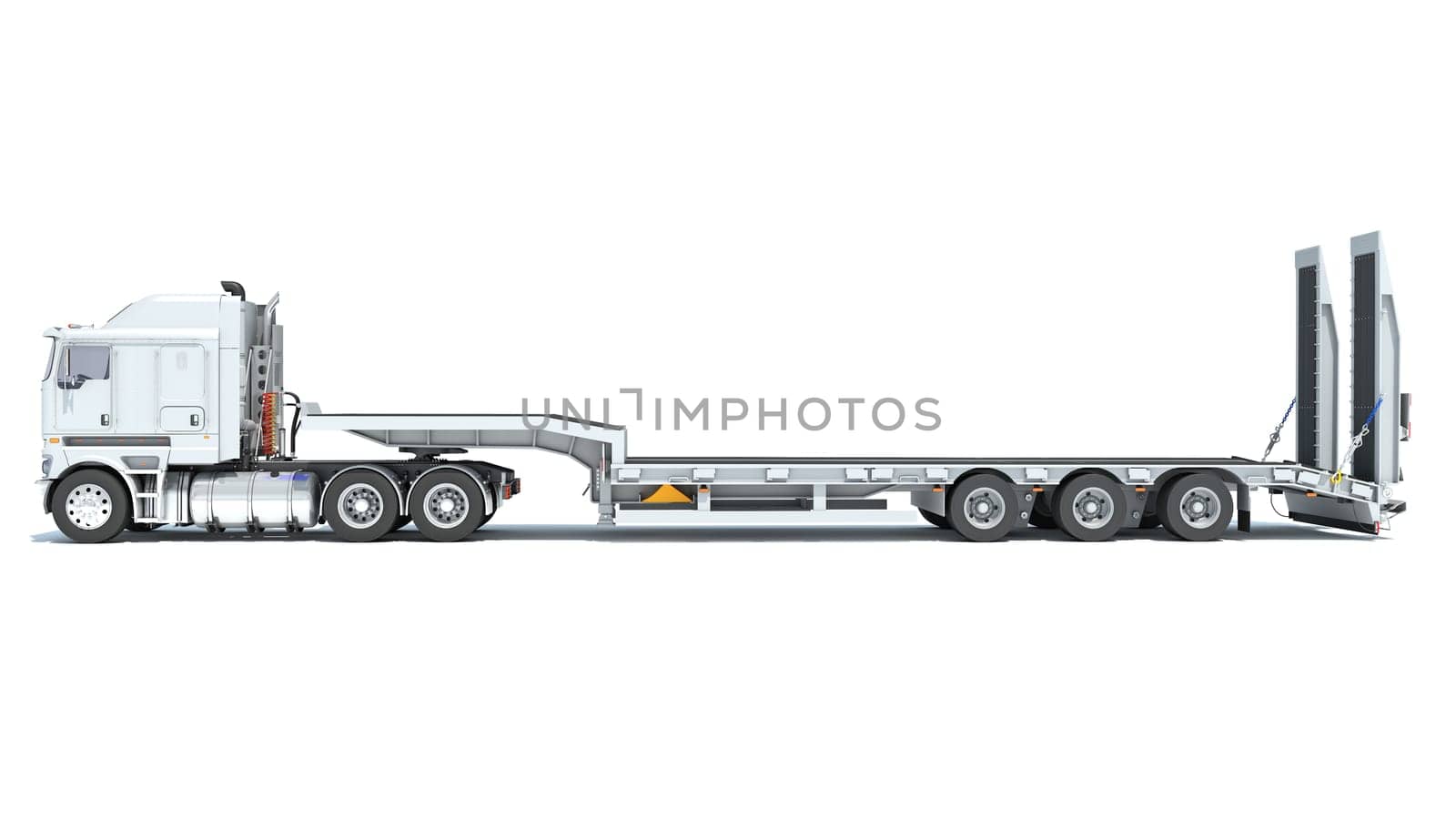 Truck with Lowboy Trailer 3D rendering on white background by 3DHorse