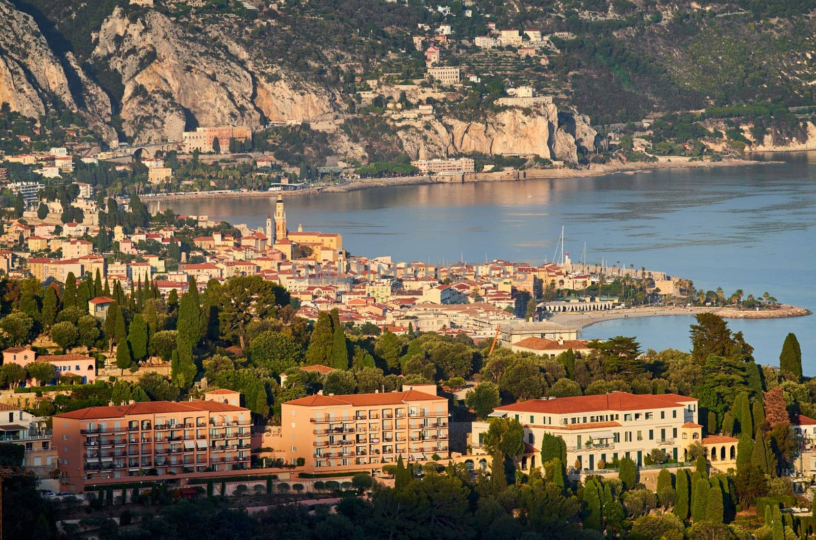 View of Menton Roquebrune Cap Martin from Monaco at sunset. High quality photo