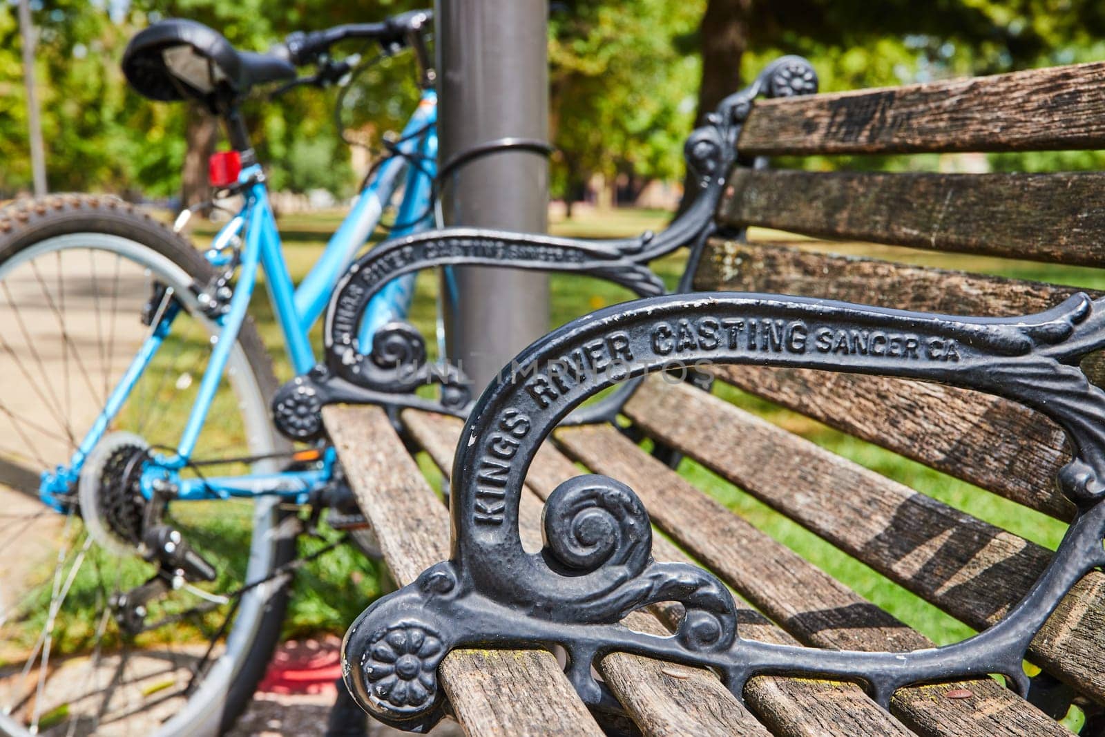 Ornate Park Bench and Bicycle in Urban Green Space Close-Up by njproductions