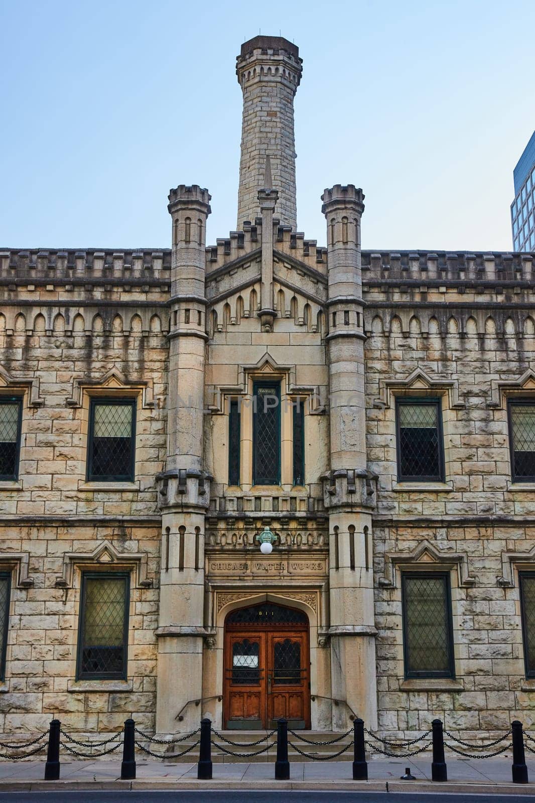 Front entrance of old, historic, and original Chicago water works building with castle architecture by njproductions