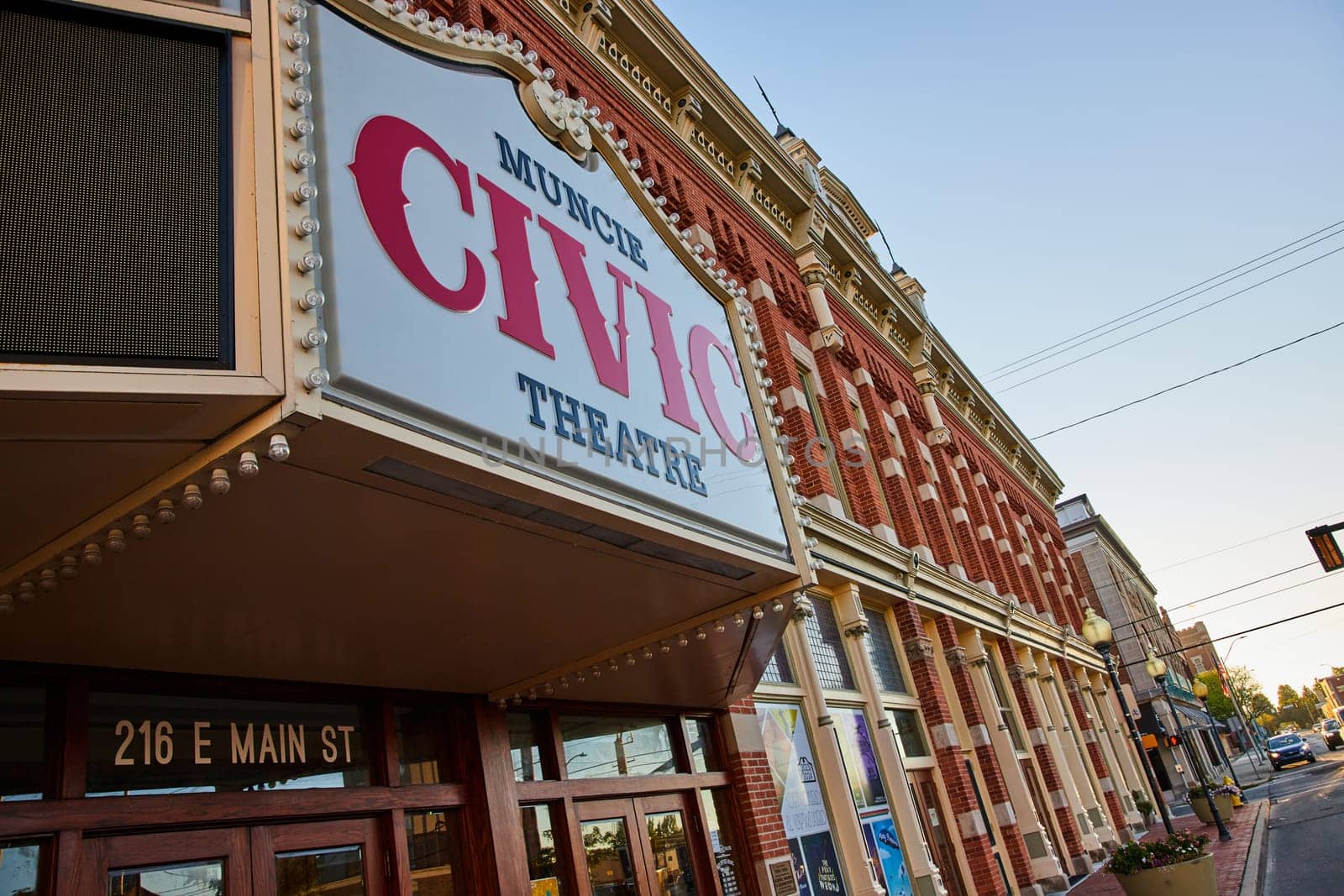 Vintage Charm of Muncie Civic Theatre in Downtown Indiana, Captured in Golden Hour Sunlight