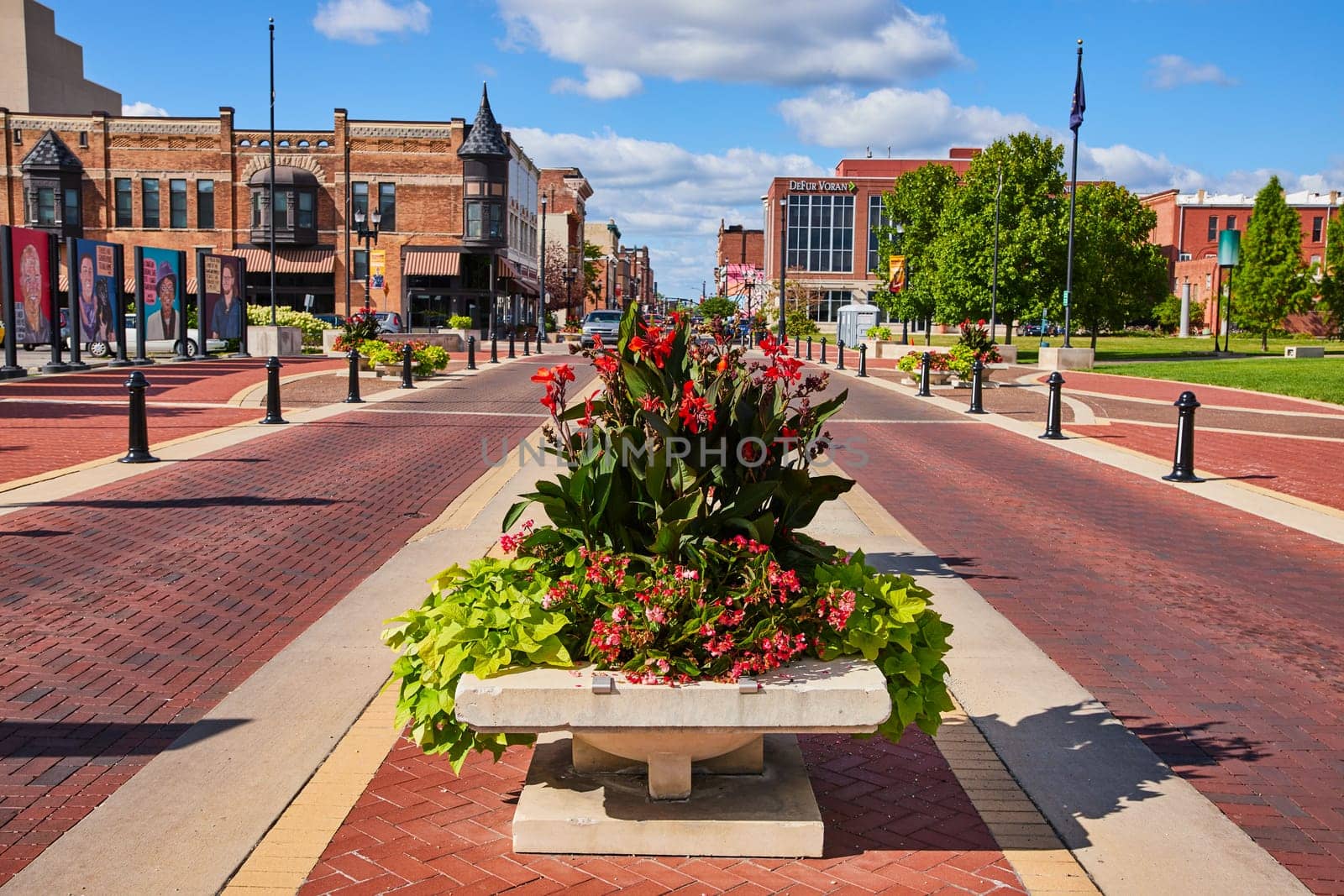 Small Town Charm with Red Flowers and Historic Buildings, Muncie by njproductions