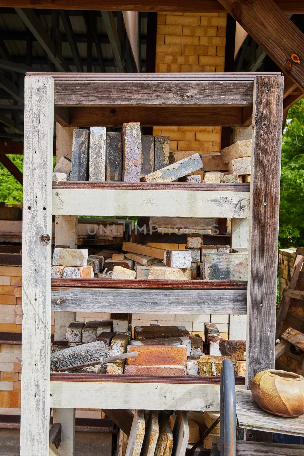 Rustic wooden rack with assorted bricks at a sunlit construction site in Indianapolis, 2023