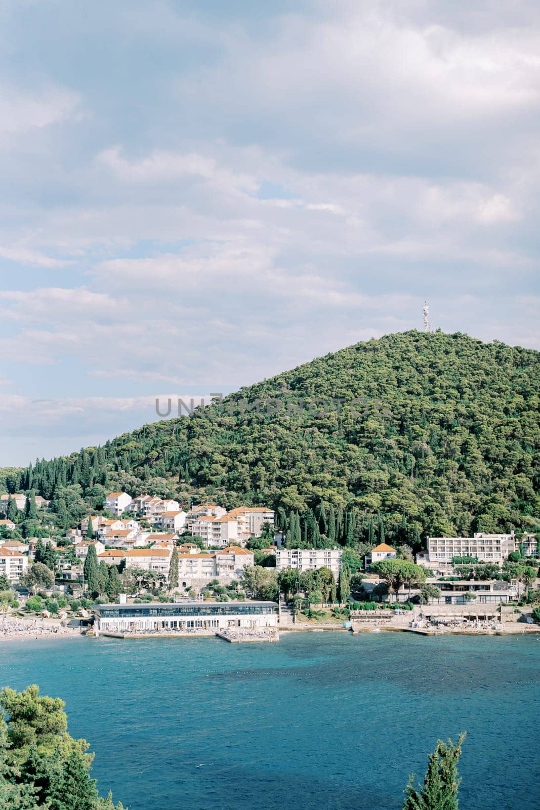 View from the sea of the Green Hills Hotel with a private pier on the bay at the foot of the mountain. Dubrovnik. Montenegro. High quality photo