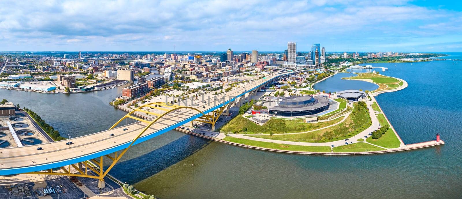 Aerial View of Milwaukee Waterfront and Hoan Bridge Panorama by njproductions