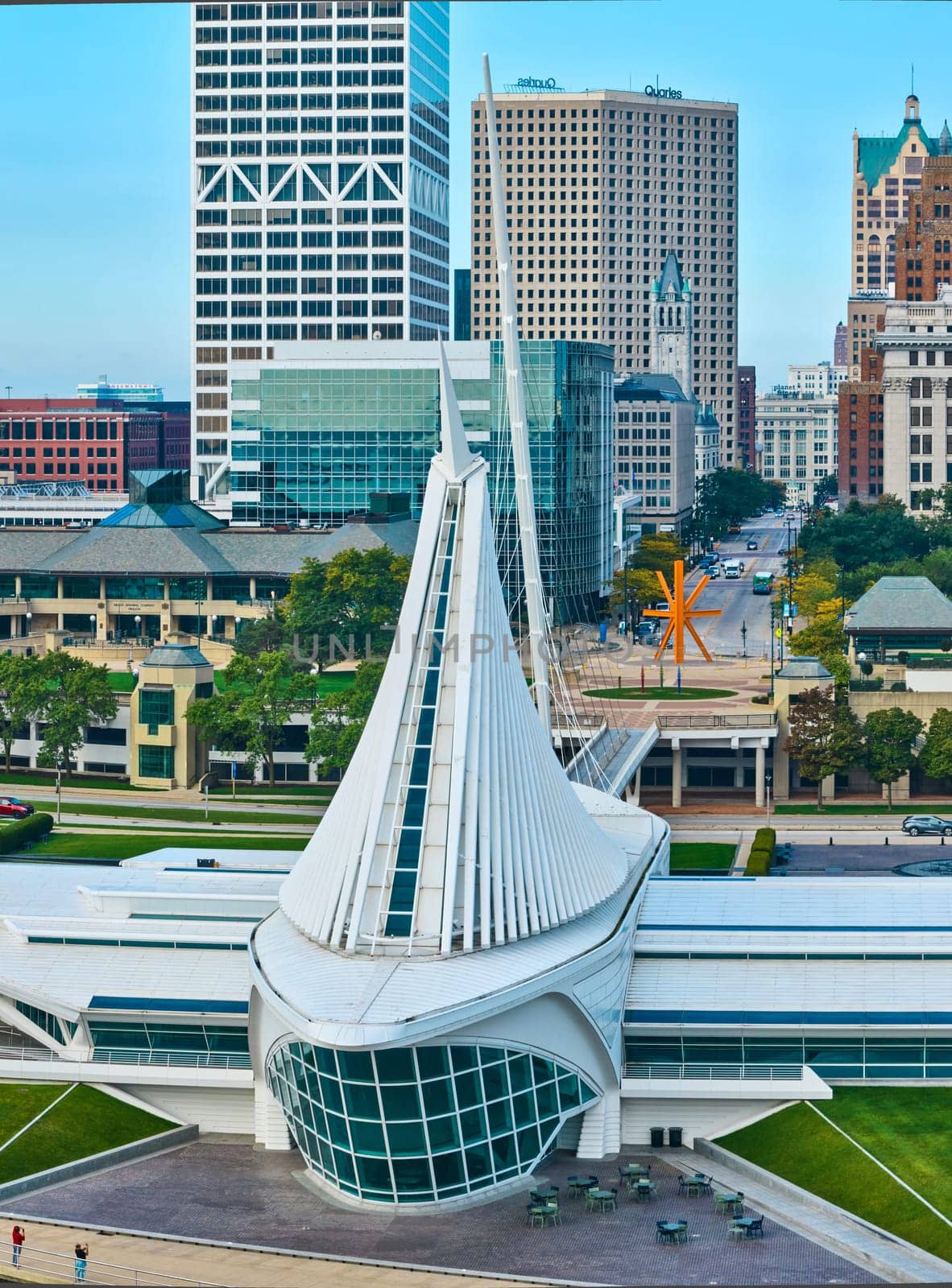 Aerial View of Milwaukee Art Museum and Skyline by njproductions