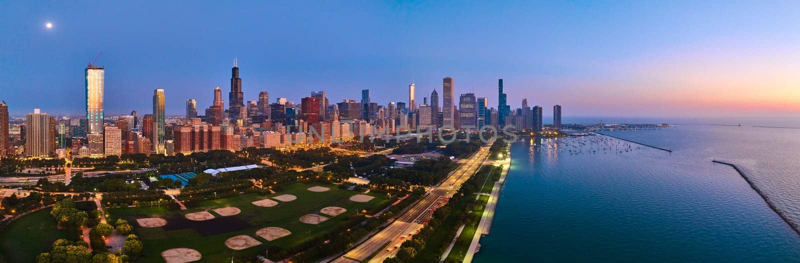 Blue Hour Panorama of Chicago Skyline, Lake Michigan Shoreline and Willis Tower, Captured by DJI Mavic 3 Drone, 2023