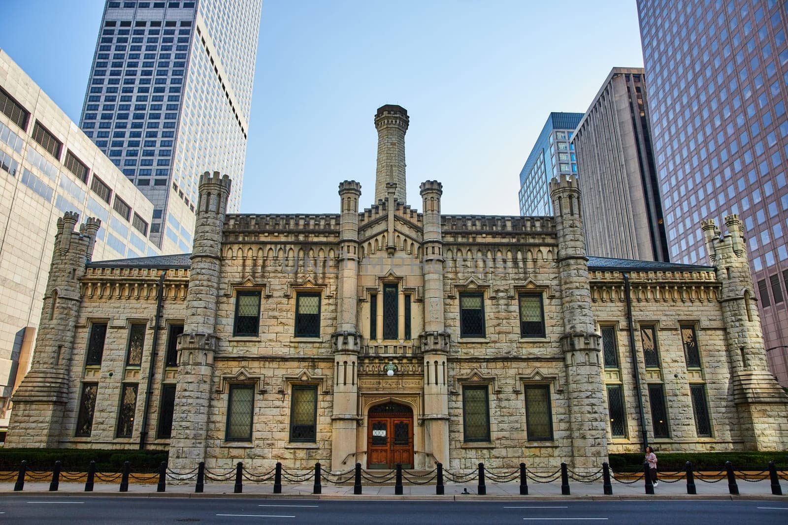 Image of Entrance of old, historic, and original Chicago city water works building with castle architecture