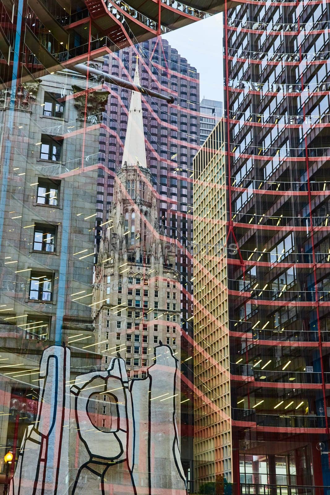 Image of Reflection of interior floors of building with city skyscrapers, Chicago, James R Thompson