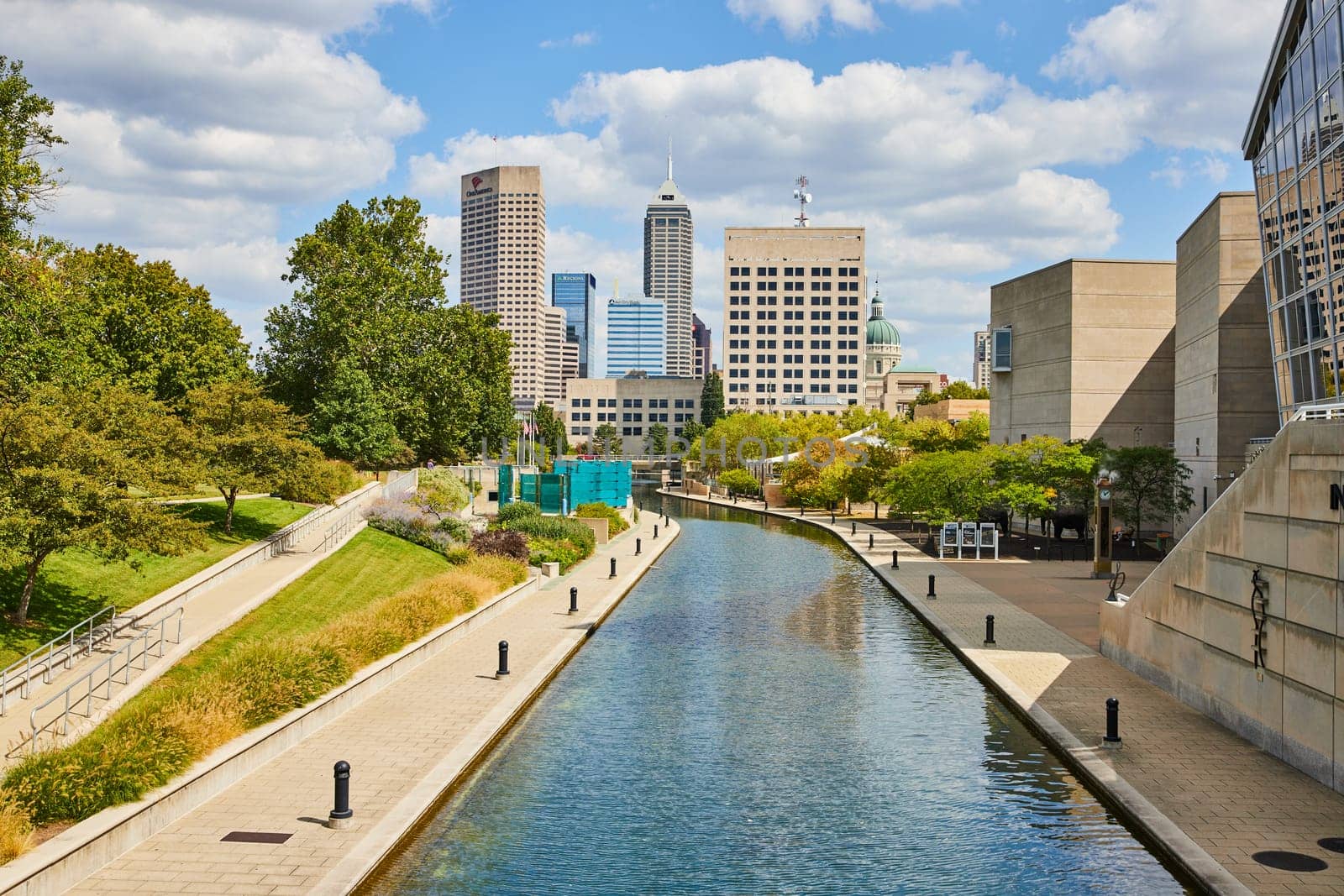 Sunny Urban Canal Scene with Indianapolis Skyline by njproductions