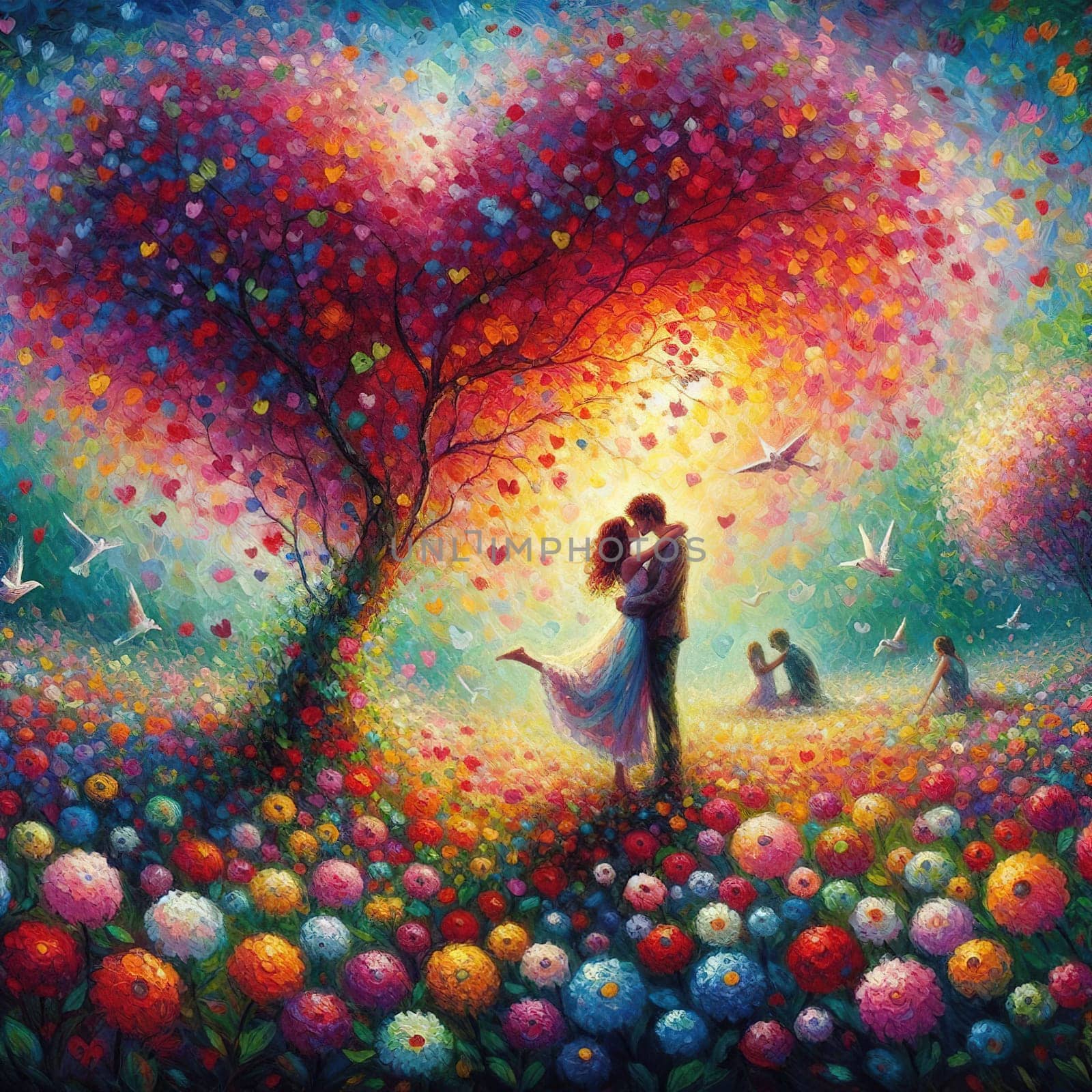 A couple kisses under a tree. ART. High quality illustration