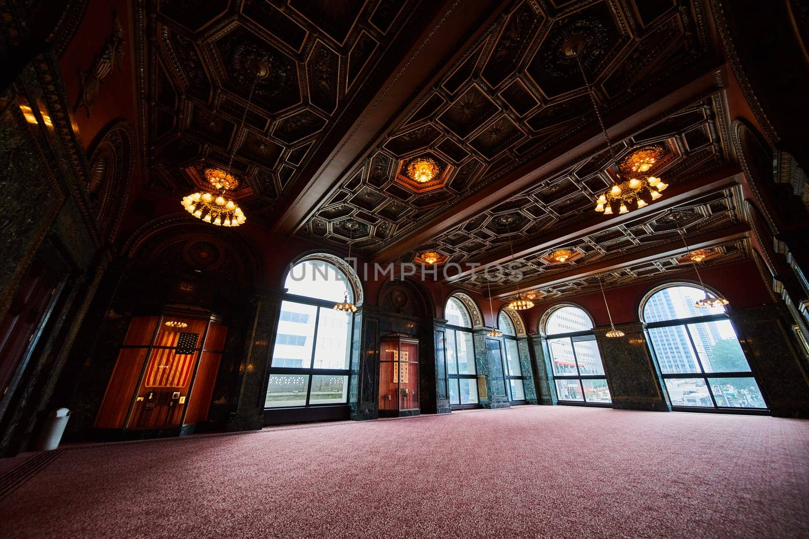 Image of Ornate empty space for business meetings, catering, or reception hall, patriotic American flag