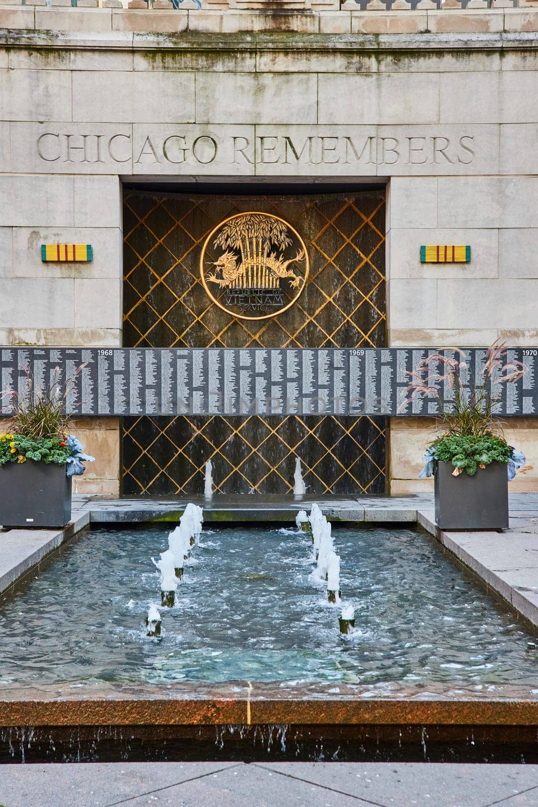 Image of Vietnam Veterans Memorial water fountain for Chicago Remembers on summer day, Illinois, USA