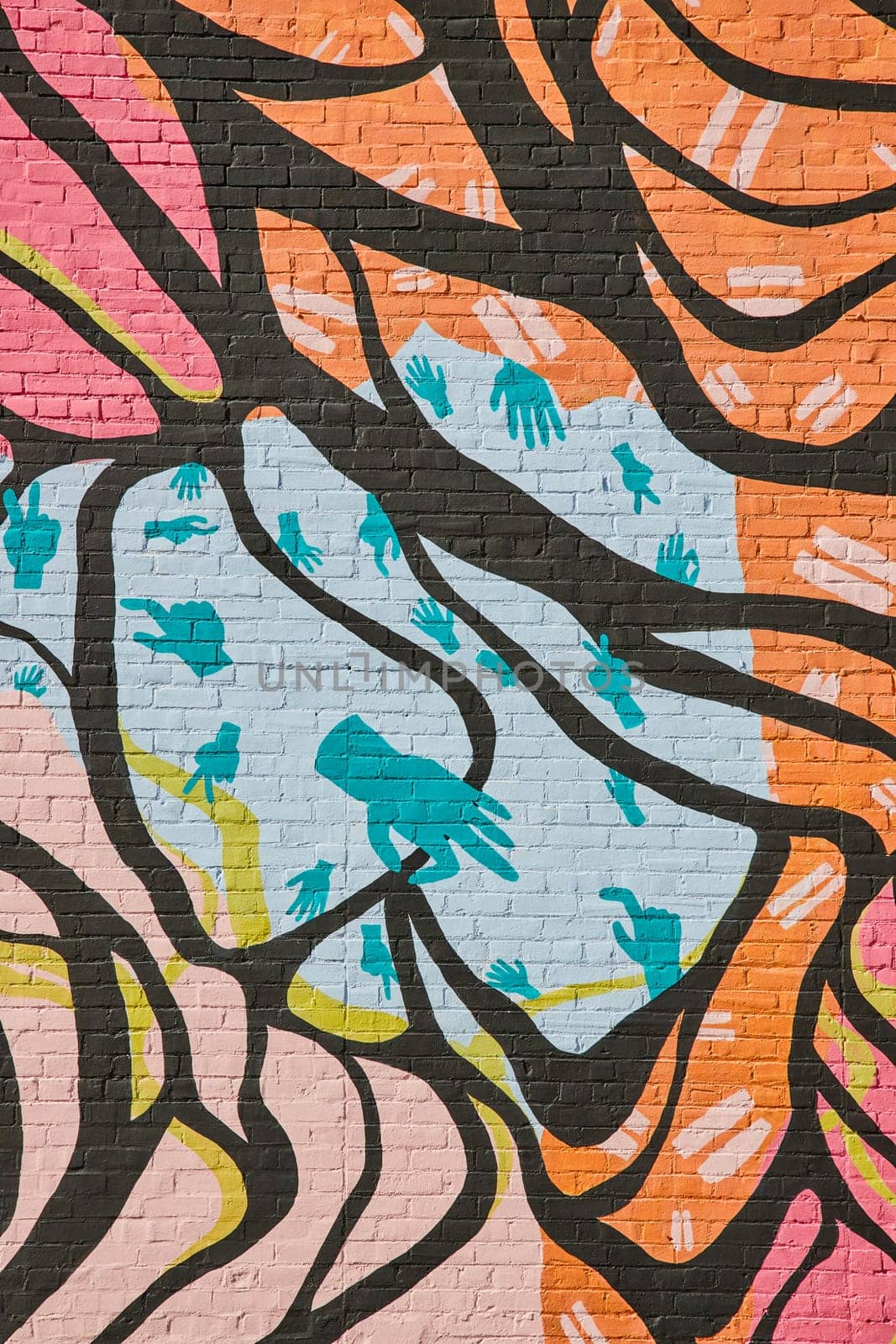 Colorful Community Mural on Brick Wall, Urban Street Art by njproductions