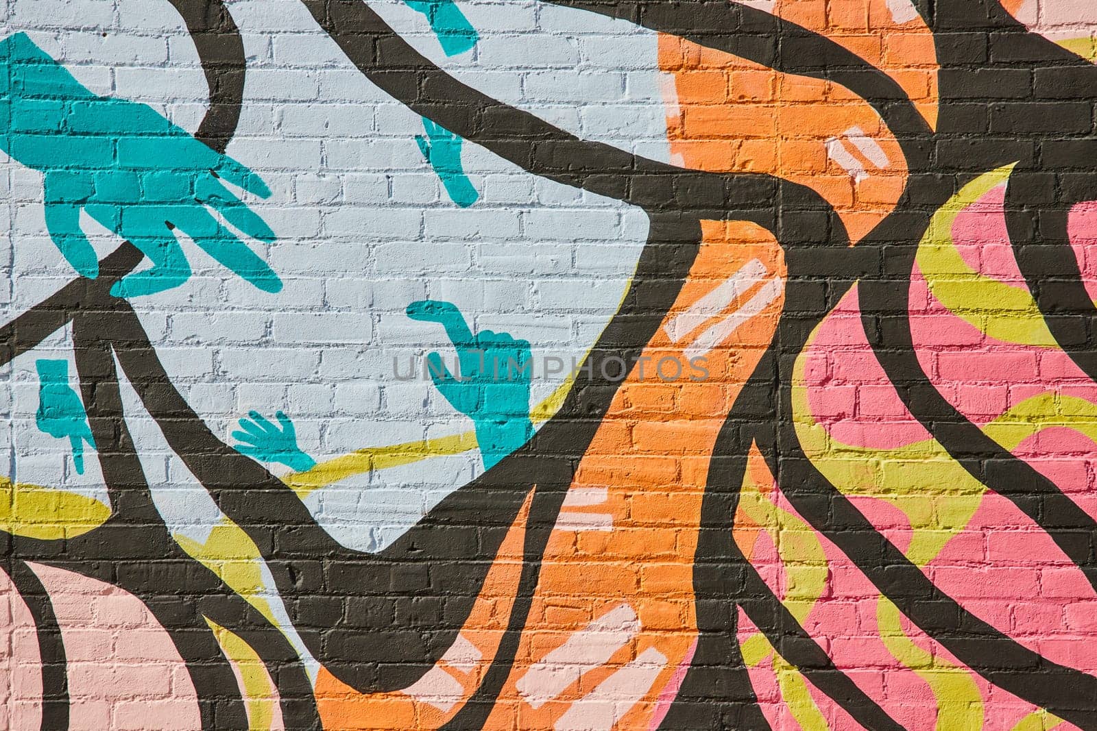 Colorful Abstract Hands Mural on Brick Wall, Urban Street Art by njproductions