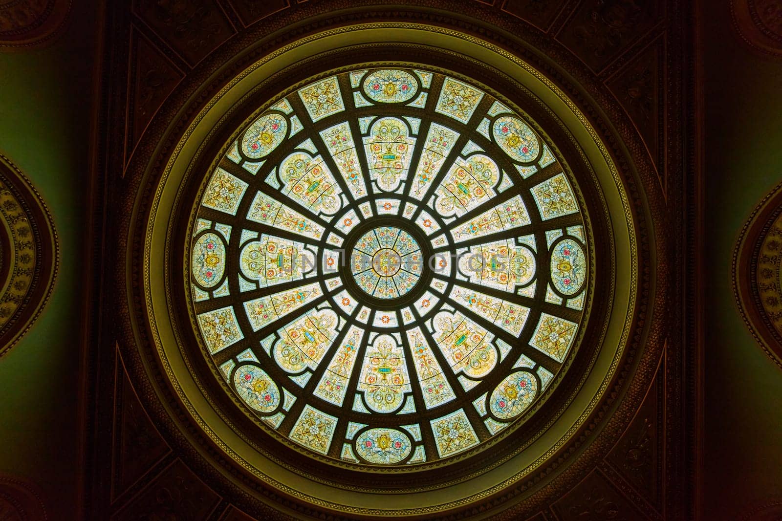 Ornate dome ceiling with Celtic stained glass décor design, green and gold, colorful, Tiffany Dome by njproductions