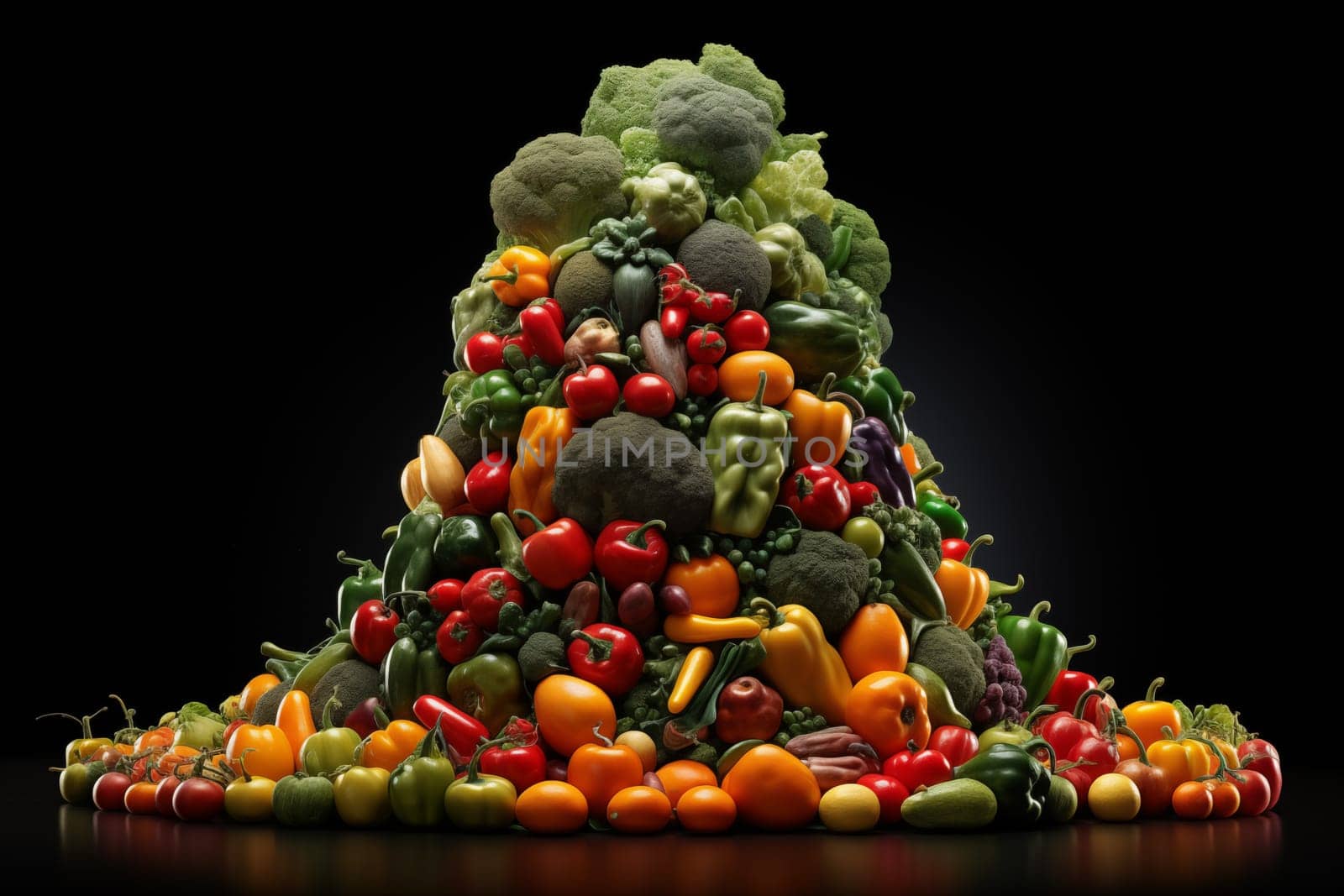 Unusual Christmas tree assembled from vegetables, stands on a dark background.