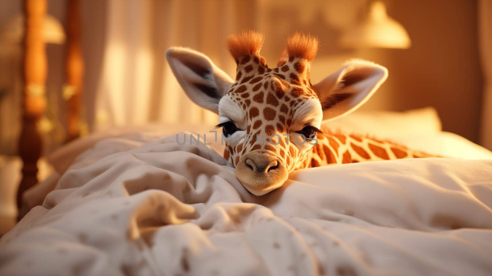 Cute baby giraffe , lying in white soft bed, in warm light.